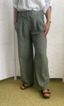 Pantaloni largi de vara din in, cu cerc metalic, kaki imagine