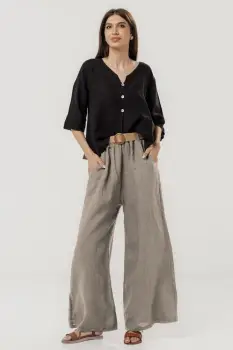 Pantaloni largi de vara, din in cu croi lejer si curea din sfoara, bej inchis imagine