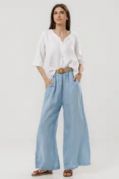Pantaloni largi de vara, din in cu croi lejer si curea din sfoara, bleu imagine