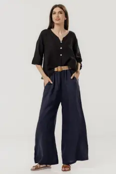 Pantaloni largi de vara, din in cu croi lejer si curea din sfoara, bleumarin imagine