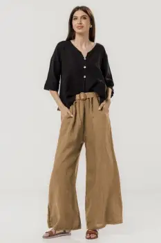 Pantaloni largi de vara, din in cu croi lejer si curea din sfoara, camel imagine