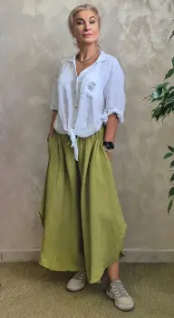 Pantaloni largi de vara, din in, cu croiala ampla si rotunjiri laterale imagine