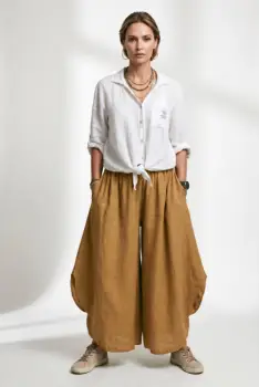 Pantaloni largi de vara, din in, cu croiala ampla si rotunjiri laterale, camel imagine