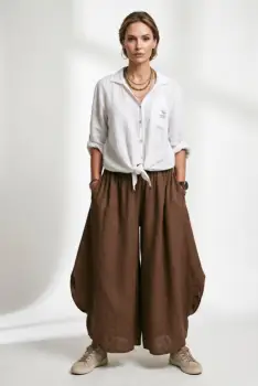 Pantaloni largi de vara, din in, cu croiala ampla si rotunjiri laterale, maro imagine