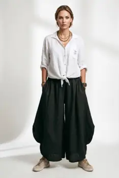 Pantaloni largi de vara, din in, cu croiala ampla si rotunjiri laterale, negru imagine