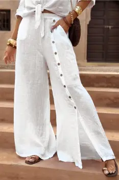 Pantaloni largi de vara, din in, cu nasturi decorativi din lemn pe picior, albi imagine