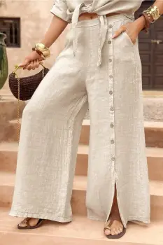 Pantaloni largi de vara, din in, cu nasturi decorativi din lemn pe picior, bej imagine