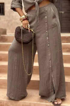 Pantaloni largi de vara, din in, cu nasturi decorativi din lemn pe picior, bej inchis imagine