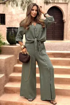 Pantaloni largi de vara, din in, cu nasturi decorativi din lemn pe picior, kaki imagine