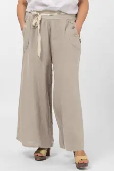 Pantaloni largi de vara, din in, cu nasturi din lemn la buzunare, bej imagine