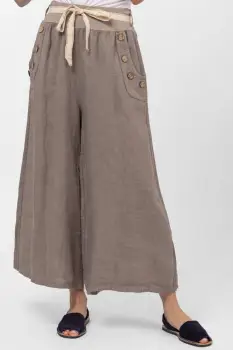 Pantaloni largi de vara, din in, cu nasturi din lemn la buzunare, bej inchis imagine