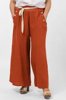 Pantaloni largi de vara, din in, cu nasturi din lemn la buzunare, caramiziu imagine