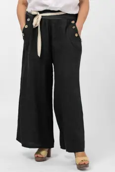 Pantaloni largi de vara, din in, cu nasturi din lemn la buzunare, negri imagine