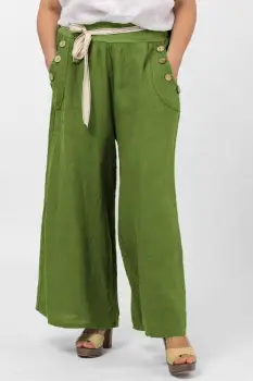 Pantaloni largi de vara, din in, cu nasturi din lemn la buzunare, verde oliv imagine