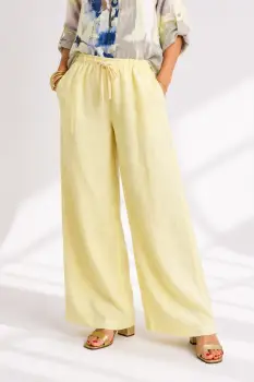 Pantaloni largi de vara din in, cu talie elastica, galbeni imagine