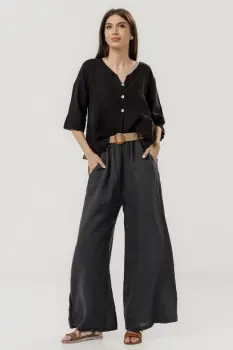 Pantaloni largi de vara, din in gri inchis cu croi lejer si curea din sfoara imagine