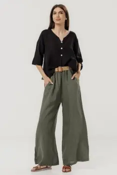 Pantaloni largi de vara, din in kaki cu croi lejer si curea din sfoara imagine