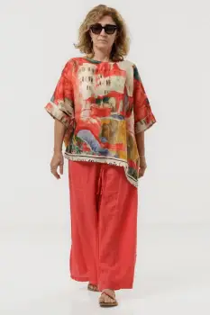 Pantaloni largi de vara din in, pentru minione, cu croi lejer, rosu corai imagine