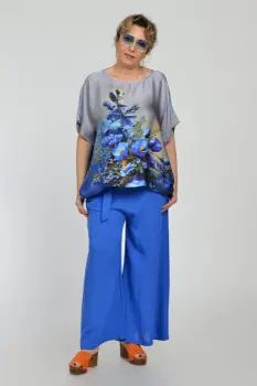 Pantaloni largi de vara, din vascoza si in, albastru electric imagine