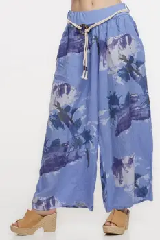Pantaloni largi de vara, masura mare, din in albastru lavanda cu imprimeu flori albastre imagine