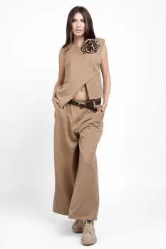 Pantaloni largi si drepti, casual, cu o curea fancy, camel imagine