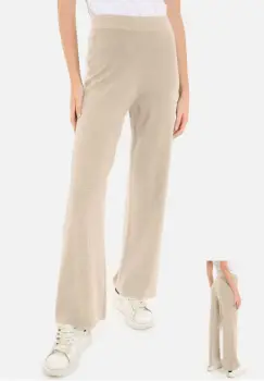 Pantaloni largi si drepti, casual, din tricotaj fin, bej imagine