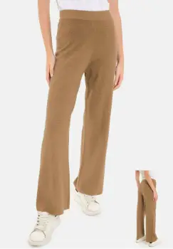Pantaloni largi si drepti, casual, din tricotaj fin, camel imagine
