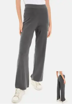 Pantaloni largi si drepti, casual, din tricotaj fin, gri imagine