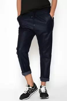Pantaloni lungi bleumarin din piele ecologica cu snur in talie imagine