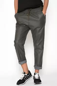 Pantaloni lungi kaki din piele ecologica cu snur in talie imagine