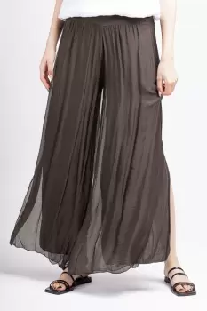 Pantaloni maro din matase naturala cu crapaturi laterale imagine