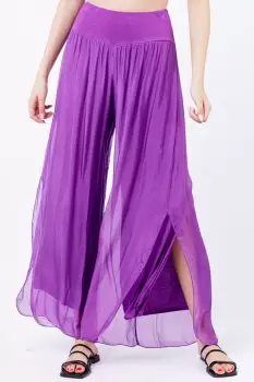 Pantaloni mov din matase naturala cu crapaturi laterale imagine