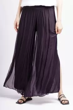 Pantaloni mov inchis din matase naturala cu crapaturi laterale imagine