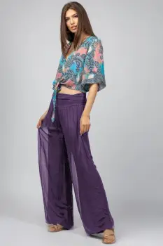 Pantaloni mov inchis din matase naturala, tip salvari imagine
