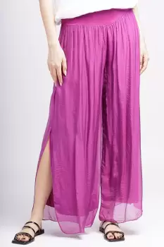 Pantaloni mov zmeura din matase naturala cu crapaturi laterale imagine