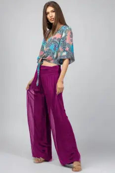 Pantaloni mov zmeura din matase naturala, tip salvari imagine