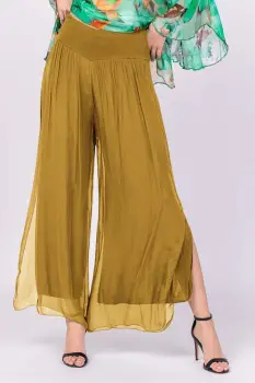 Pantaloni mustar din matase naturala cu crapaturi laterale imagine