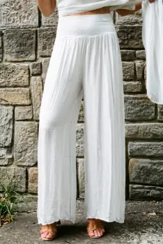 Pantaloni palazzo dama eleganti, largi, din matase si vascoza cu dublura, albi imagine