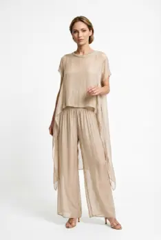 Pantaloni palazzo dama eleganti, largi, din matase si vascoza cu dublura, bej imagine