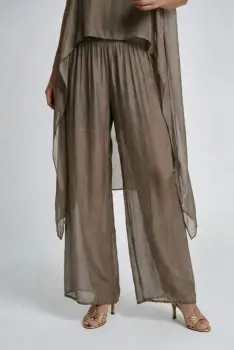 Pantaloni palazzo dama eleganti, largi, din matase si vascoza cu dublura, bej inchis imagine