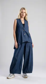 Pantaloni palazzo din denim subtire cu croi amplu, bleumarin imagine