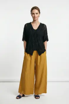 Pantaloni palazzo din in cu croi amplu, galben mustar imagine