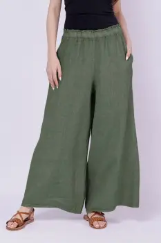 Pantaloni palazzo din in cu croi amplu, kaki imagine