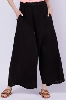 Pantaloni palazzo din in cu croi amplu, negri imagine