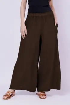 Pantaloni palazzo din in cu croi amplui, maron imagine