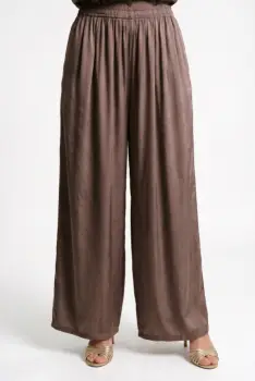 Pantaloni palazzo fluizi din matase si vascoza satinata, maro imagine