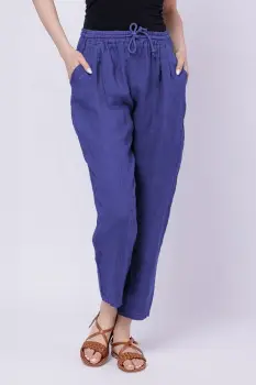 Pantaloni pana din in, cu siret in talie, albastru imagine