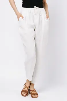 Pantaloni pana din in, cu siret in talie, albi imagine