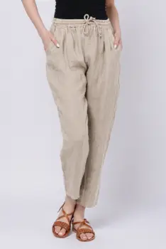 Pantaloni pana din in, cu siret in talie, bej imagine