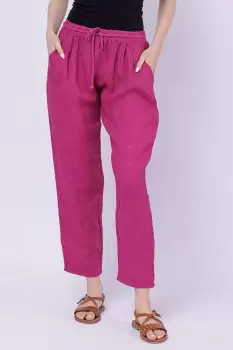 Pantaloni pana din in, cu siret in talie, mov zmeura imagine